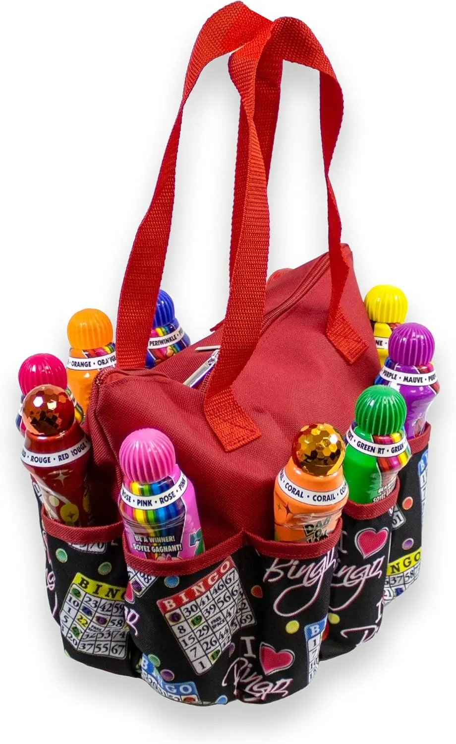 I love Bingo Black Stylish Pattern Tote with 10 Pockets for Daubers, Dabbers, Markers, and Accessories – Portable Bingo Bag with Zipper for Bingo Lovers & Players - Adults & Seniors (Red)