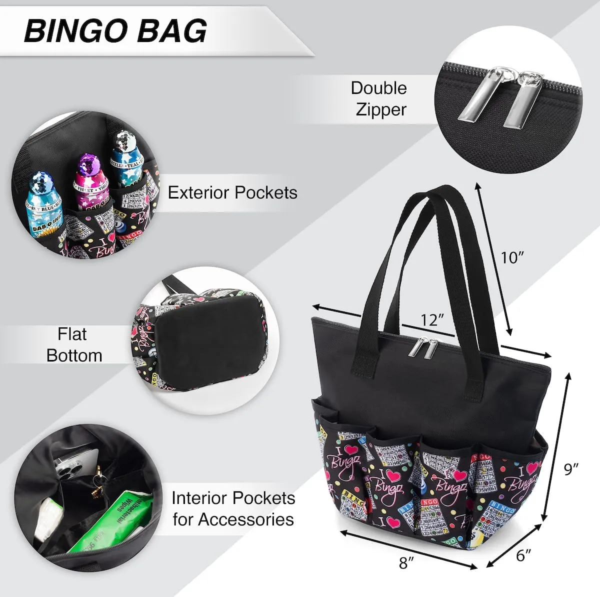 I love Bingo Black Stylish Pattern Tote with 10 Pockets for Daubers, Dabbers, Markers, and Accessories – Portable Bingo Bag with Zipper for Bingo Lovers & Players - Adults & Seniors (Red)