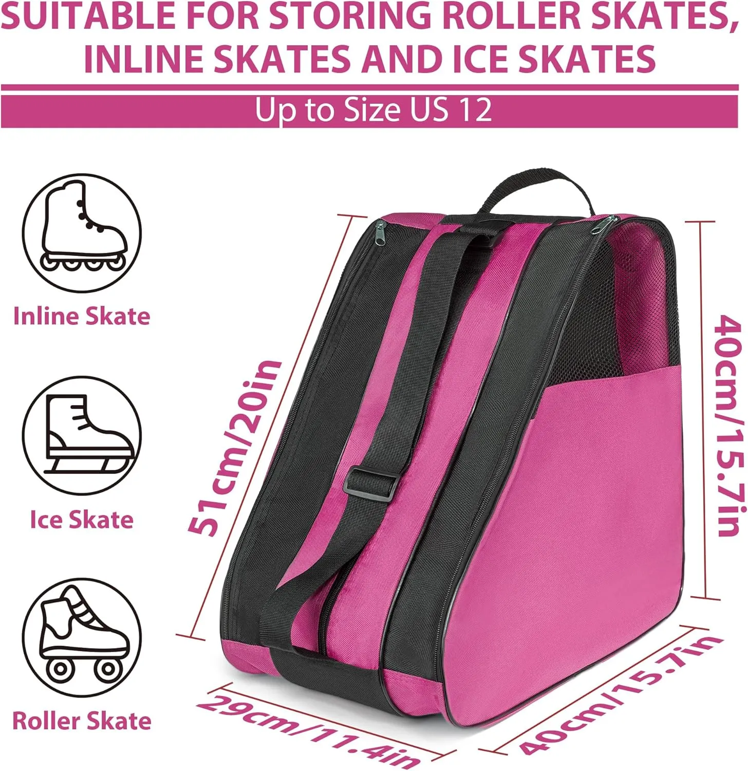 Ice Skate Bag, Large Capacity Roller Skate Bag for Both Kids and Adults, Breathable Figure Skating Bag with Adjustable Shoulder Strap Fit for Roller, Ice, Inline Skates