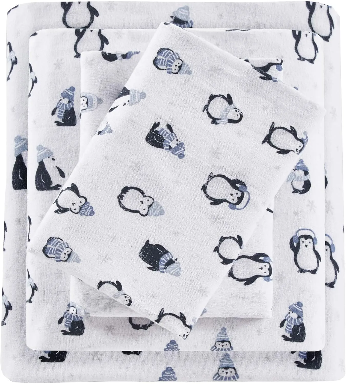 Intelligent Design Cozy Soft 100% Cotton Flannel Print Animals Stars Cute Warm, Ultra Soft Cold Weather Sheet Set Bedding, Twin XL, Blue Penguins 3 Piece