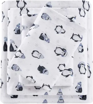 Intelligent Design Cozy Soft 100% Cotton Flannel Print Animals Stars Cute Warm, Ultra Soft Cold Weather Sheet Set Bedding, Twin XL, Blue Penguins 3 Piece