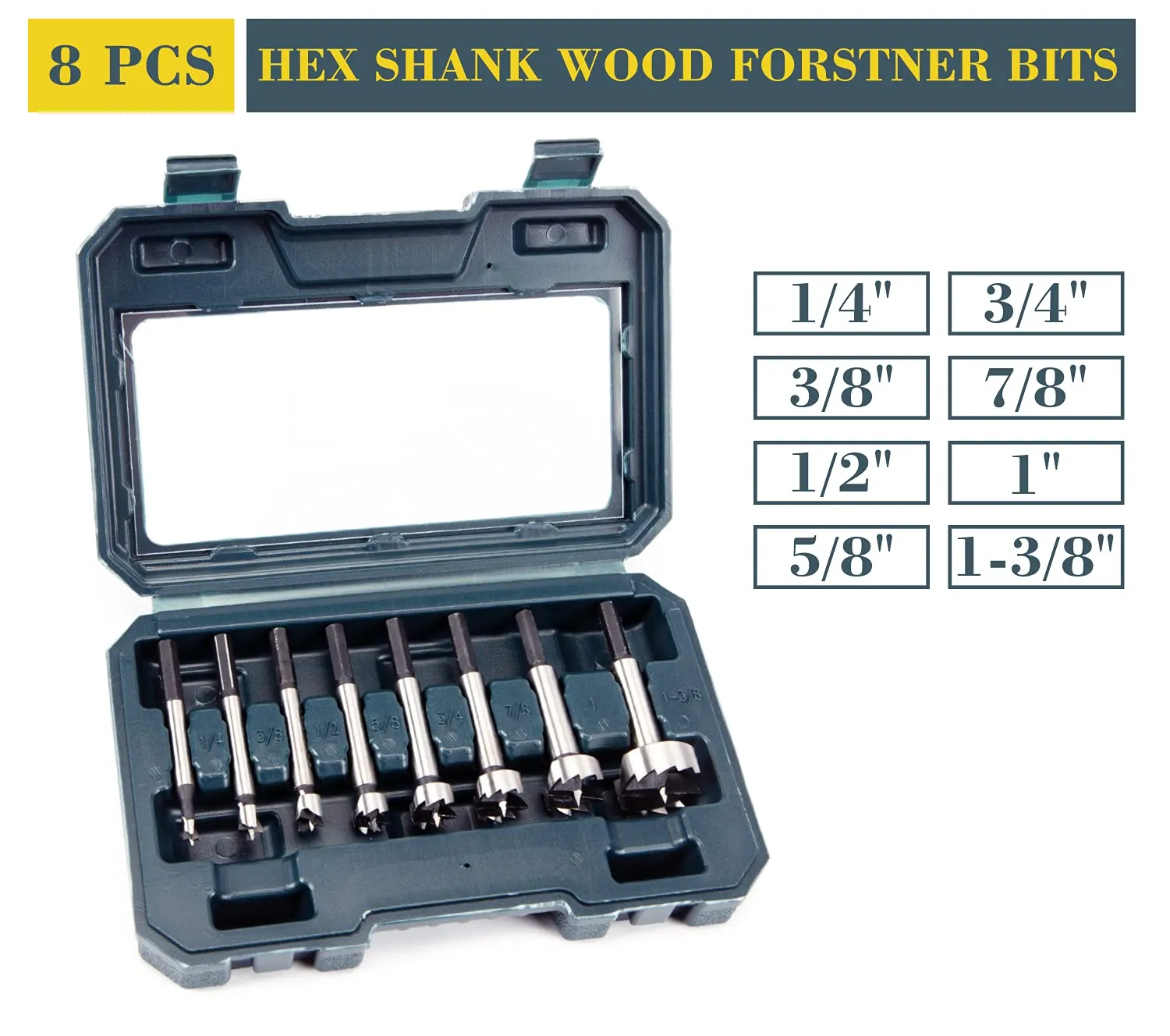INTOO Hex Shank Forstner Bit Set 8pcs Multi Sided Shank Wood Drill bit Set
