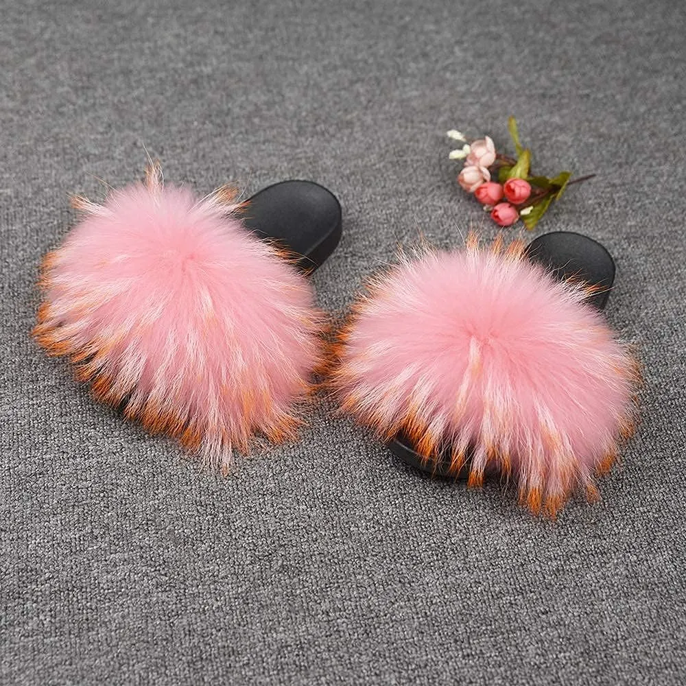 Jancoco Max Womens Fur Sliders Slippers Raccoon Fur Furry Slides Fashion Flat Soft Open Toe Fluffy Sandals