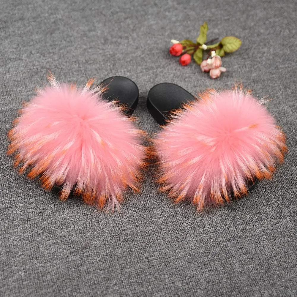 Jancoco Max Womens Fur Sliders Slippers Raccoon Fur Furry Slides Fashion Flat Soft Open Toe Fluffy Sandals
