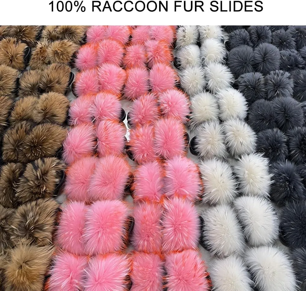Jancoco Max Womens Fur Sliders Slippers Raccoon Fur Furry Slides Fashion Flat Soft Open Toe Fluffy Sandals