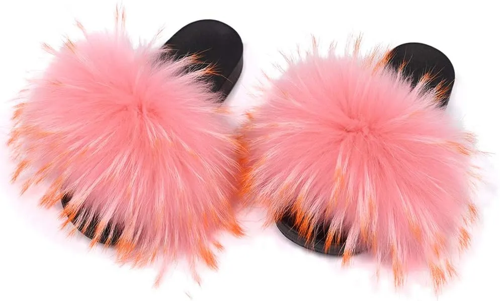 Jancoco Max Womens Fur Sliders Slippers Raccoon Fur Furry Slides Fashion Flat Soft Open Toe Fluffy Sandals