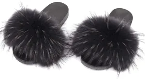 Jancoco Max Womens Fur Sliders Slippers Raccoon Fur Furry Slides Fashion Flat Soft Open Toe Fluffy Sandals