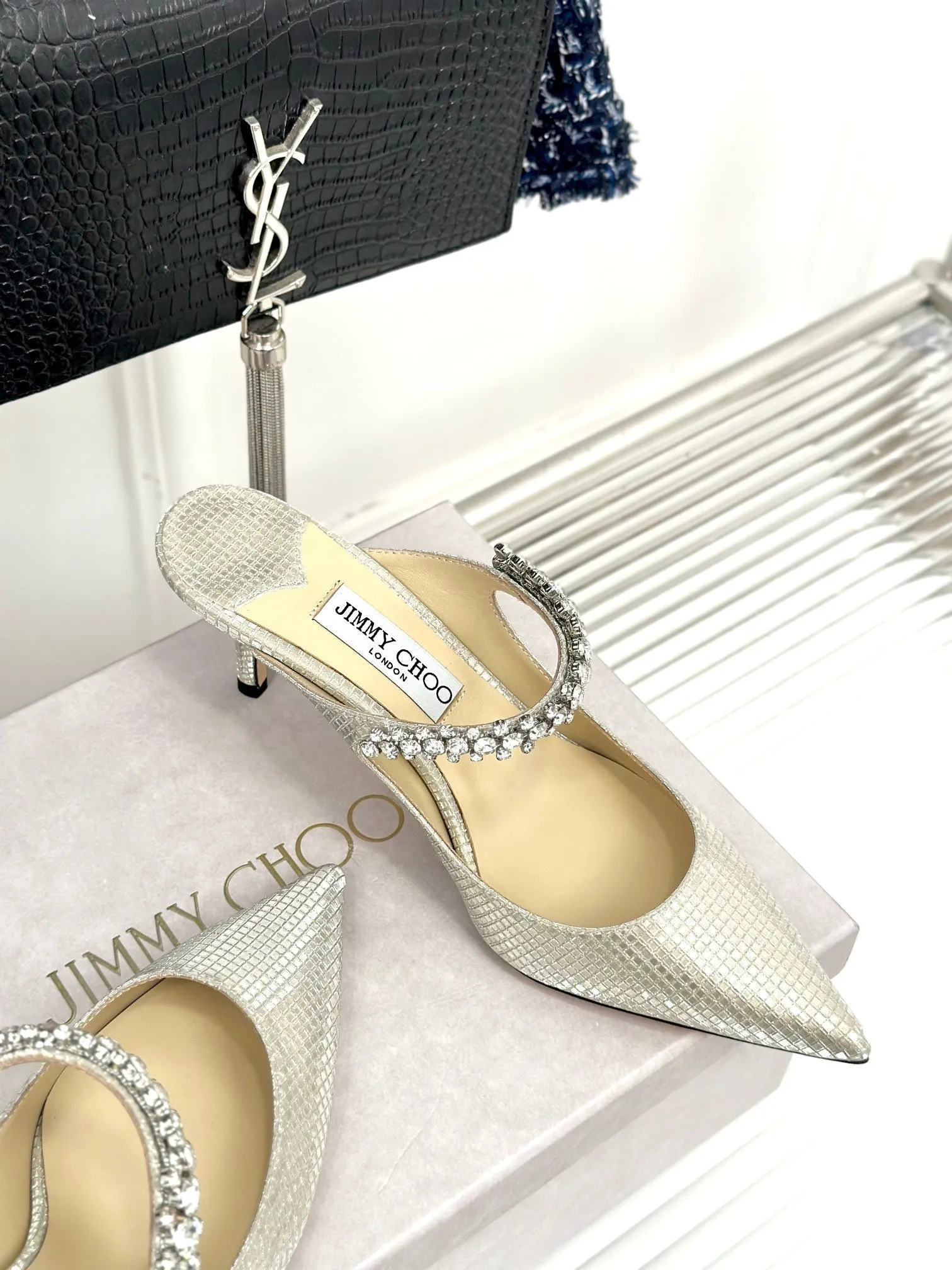 Jimmy Bing 65mm In Ivory White Stone Studded Cowhide Mules 593192