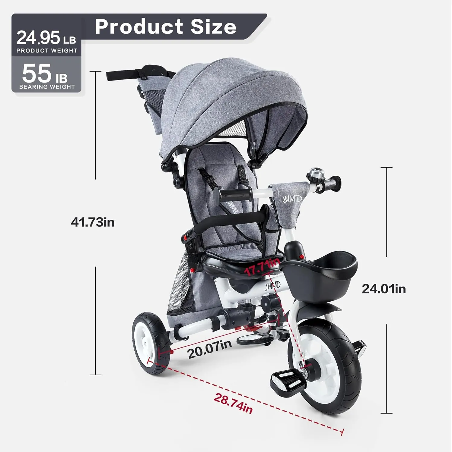 JMMD Baby Tricycle, 7-in-1 Folding Kids Trike with Adjustable Parent Handle, Safety Harness & Wheel Brakes, Removable Canopy, Storage, Stroller Bike Gift for Toddlers 18 Months - 5 Years, Grey