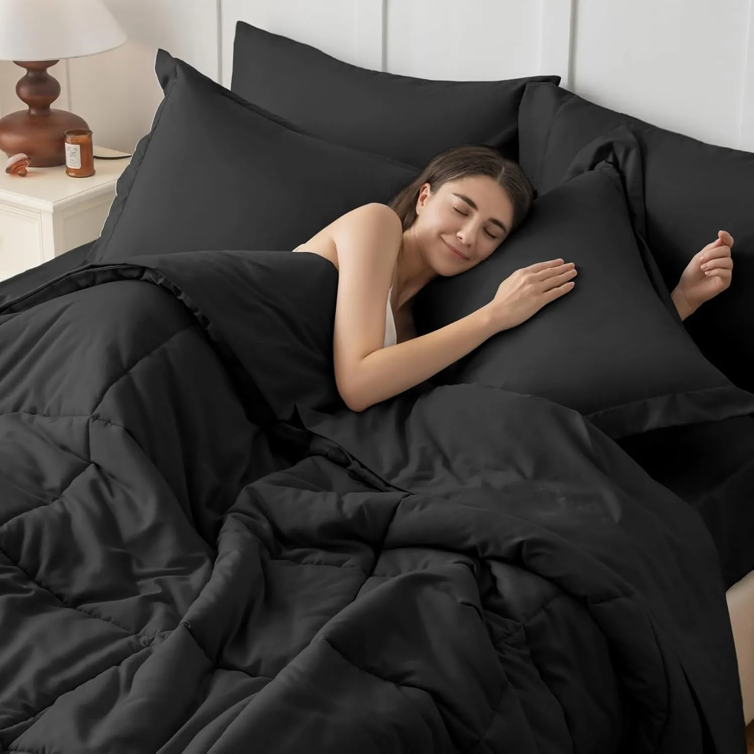 JOLLYVOGUE Queen Comforter Set, Ultra-Soft Queen Size Comforter Sets, 7-Piece Bed in a Bag, Goose Down Alternative, Oeko-TEX Certified, Sheets & Pillowcases, Black