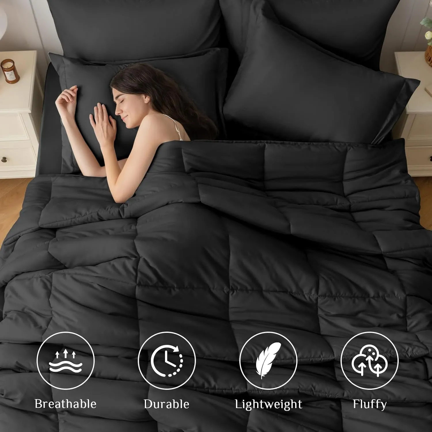 JOLLYVOGUE Queen Comforter Set, Ultra-Soft Queen Size Comforter Sets, 7-Piece Bed in a Bag, Goose Down Alternative, Oeko-TEX Certified, Sheets & Pillowcases, Black