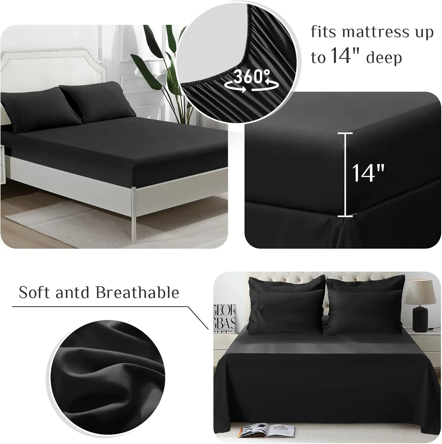 JOLLYVOGUE Queen Comforter Set, Ultra-Soft Queen Size Comforter Sets, 7-Piece Bed in a Bag, Goose Down Alternative, Oeko-TEX Certified, Sheets & Pillowcases, Black