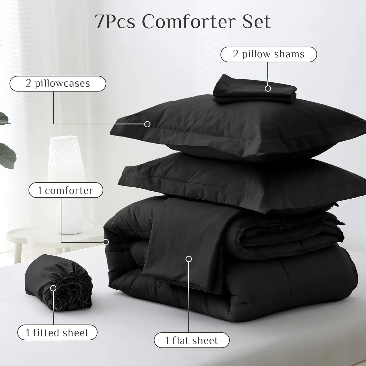 JOLLYVOGUE Queen Comforter Set, Ultra-Soft Queen Size Comforter Sets, 7-Piece Bed in a Bag, Goose Down Alternative, Oeko-TEX Certified, Sheets & Pillowcases, Black
