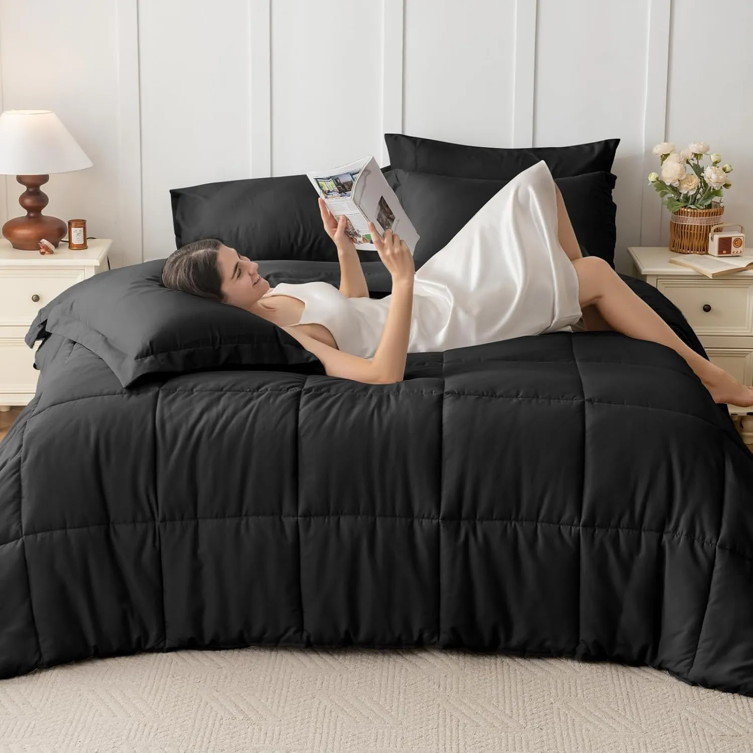 JOLLYVOGUE Queen Comforter Set, Ultra-Soft Queen Size Comforter Sets, 7-Piece Bed in a Bag, Goose Down Alternative, Oeko-TEX Certified, Sheets & Pillowcases, Black