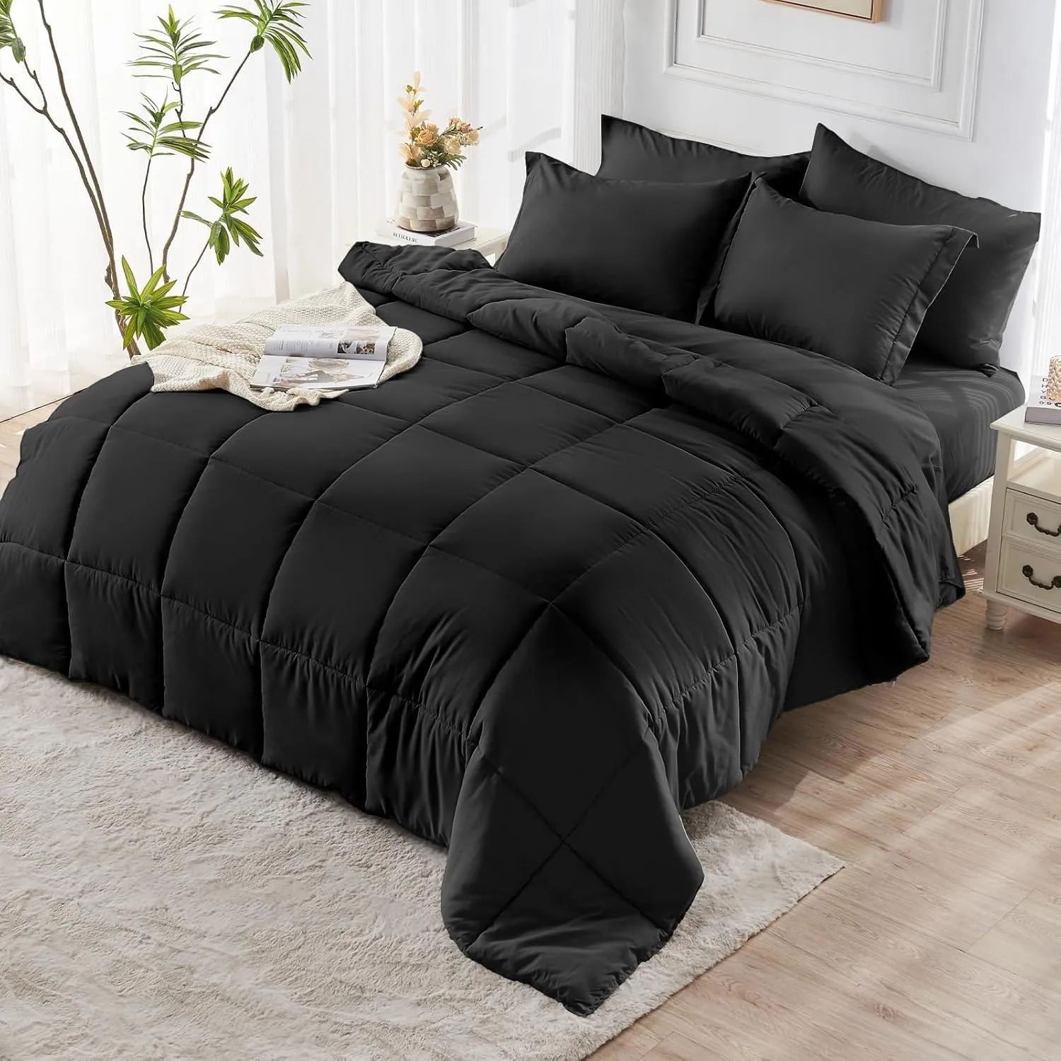 JOLLYVOGUE Queen Comforter Set, Ultra-Soft Queen Size Comforter Sets, 7-Piece Bed in a Bag, Goose Down Alternative, Oeko-TEX Certified, Sheets & Pillowcases, Black