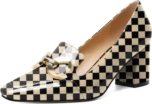 Joseywade Women's Block Heel Pumps Square Toe Low Chunky Heel Slip On Loafer 2.5 '' Chain Closed Toe Comfort Shoes