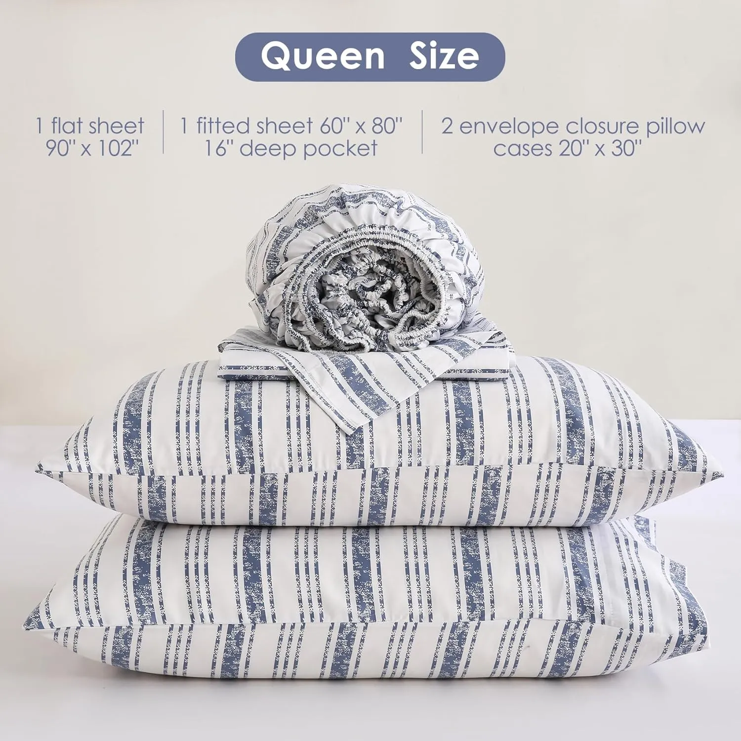 JSD Blue Striped Cotton Sheet Set Queen Size, 300 TC Printed Sateen Bed Sheets Deep Pocket, Soft Breathable Wrinkle Free