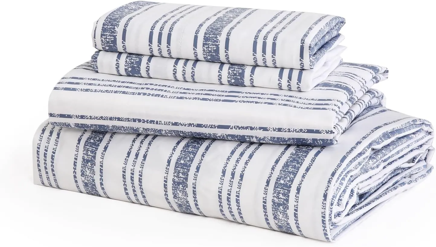 JSD Blue Striped Cotton Sheet Set Twin Size, 300 TC Printed Sateen Bed Sheets Deep Pocket, Soft Breathable Wrinkle Free