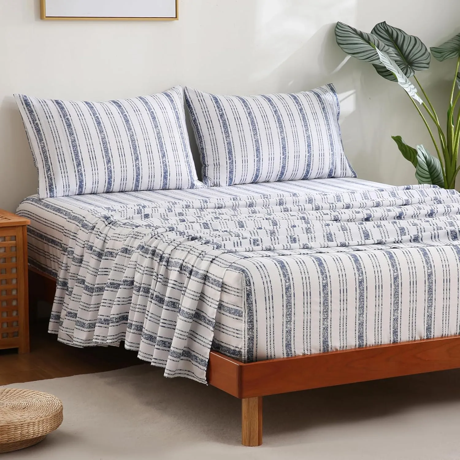 JSD Blue Striped Cotton Sheet Set Twin Size, 300 TC Printed Sateen Bed Sheets Deep Pocket, Soft Breathable Wrinkle Free