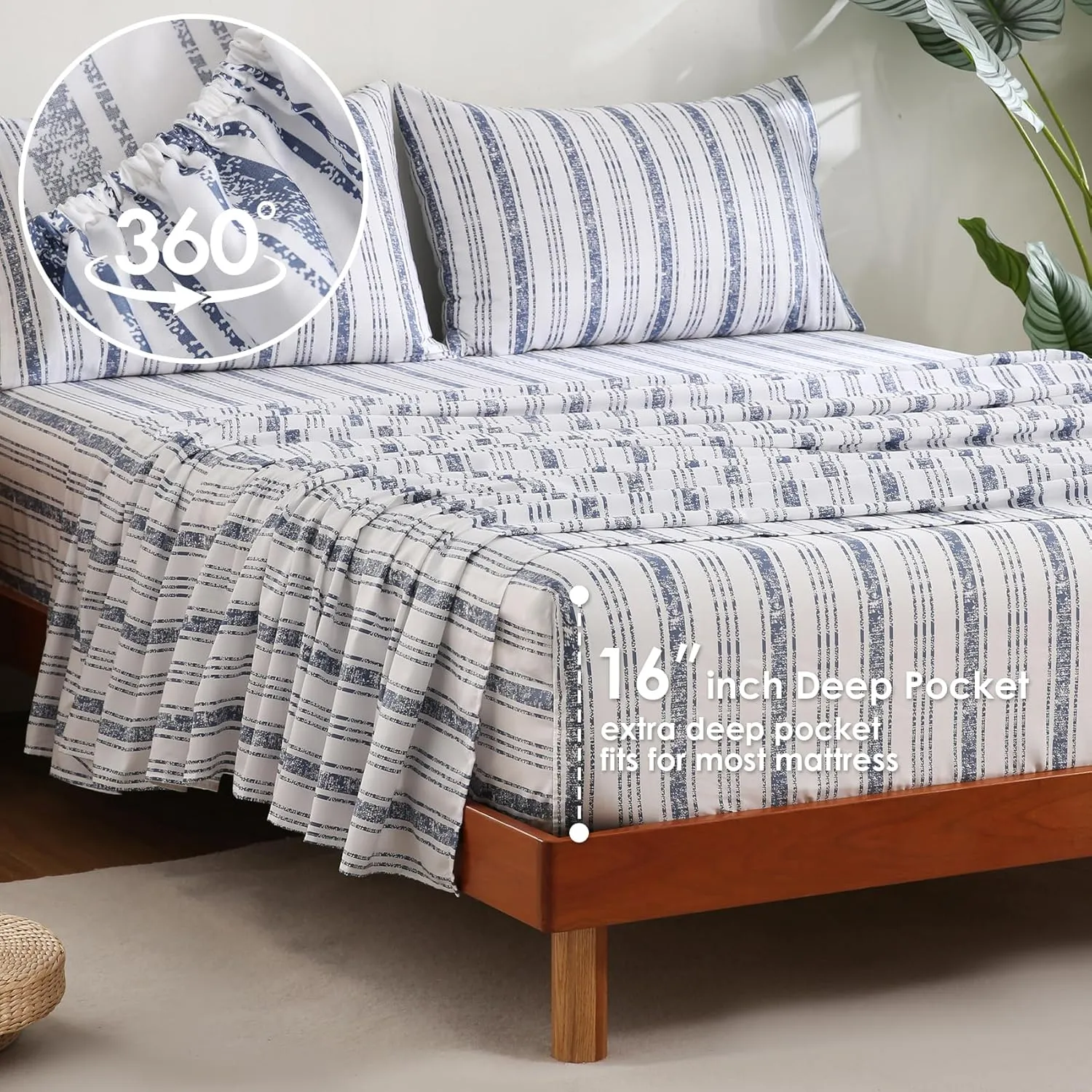 JSD Blue Striped Cotton Sheet Set Twin Size, 300 TC Printed Sateen Bed Sheets Deep Pocket, Soft Breathable Wrinkle Free