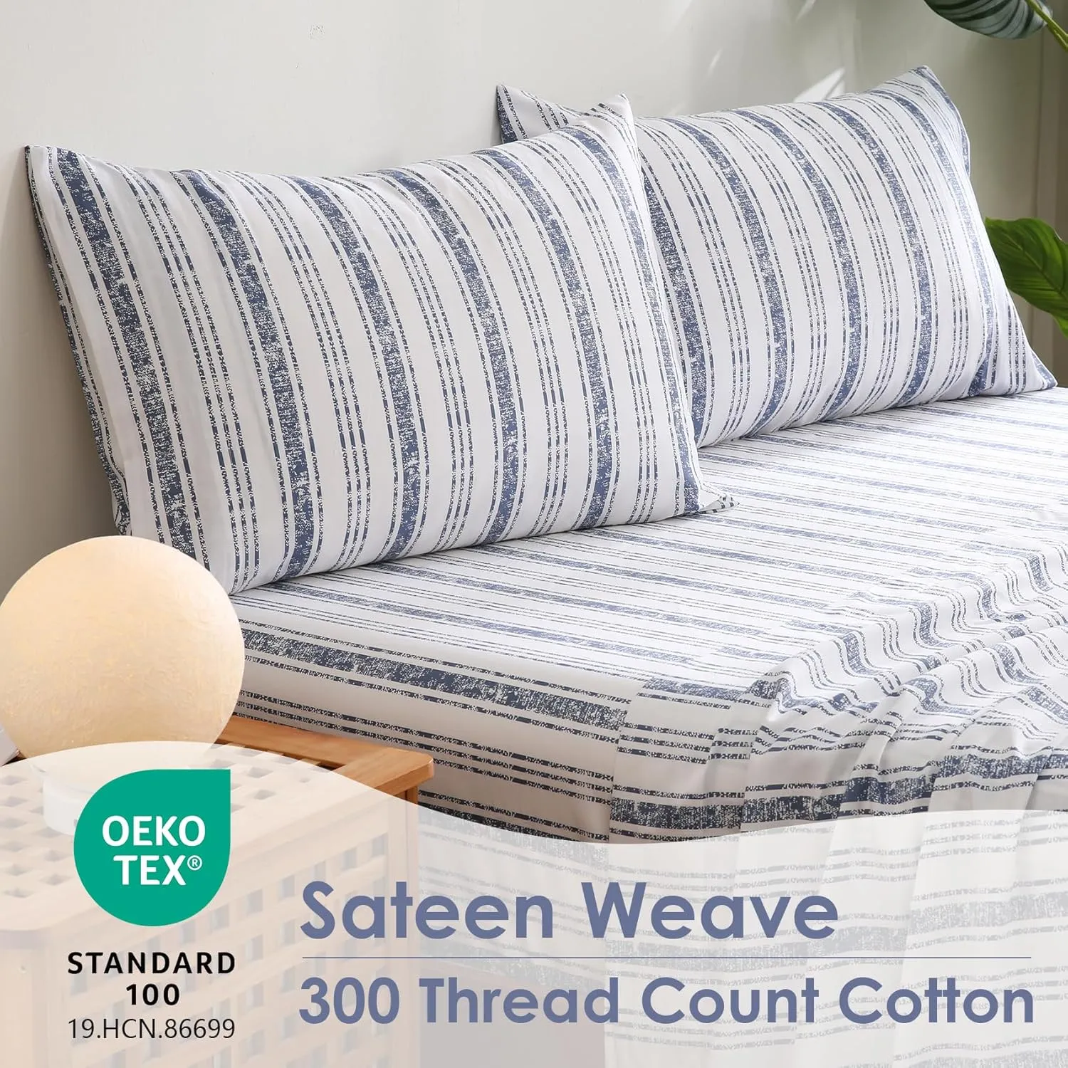 JSD Blue Striped Cotton Sheet Set Twin Size, 300 TC Printed Sateen Bed Sheets Deep Pocket, Soft Breathable Wrinkle Free