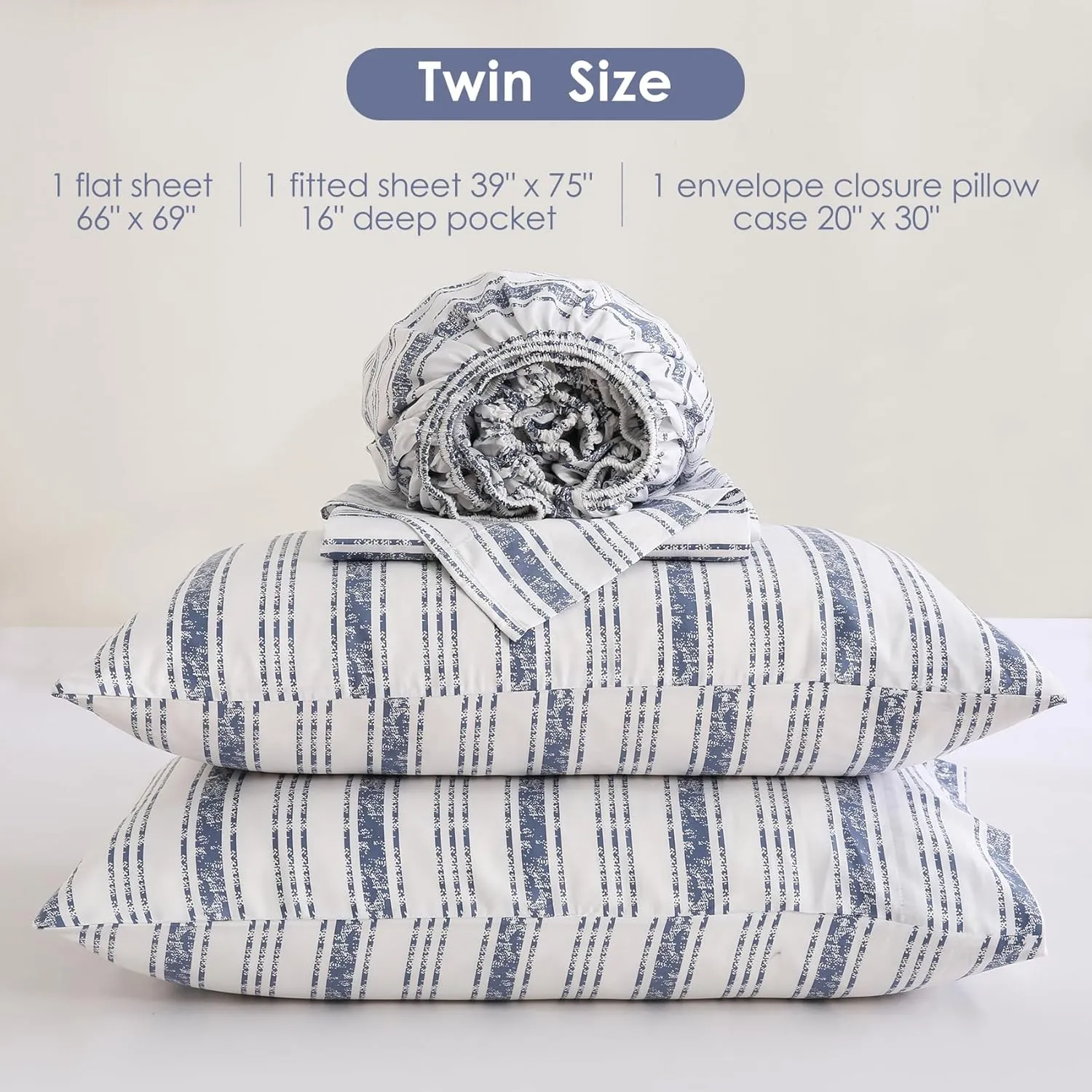 JSD Blue Striped Cotton Sheet Set Twin Size, 300 TC Printed Sateen Bed Sheets Deep Pocket, Soft Breathable Wrinkle Free