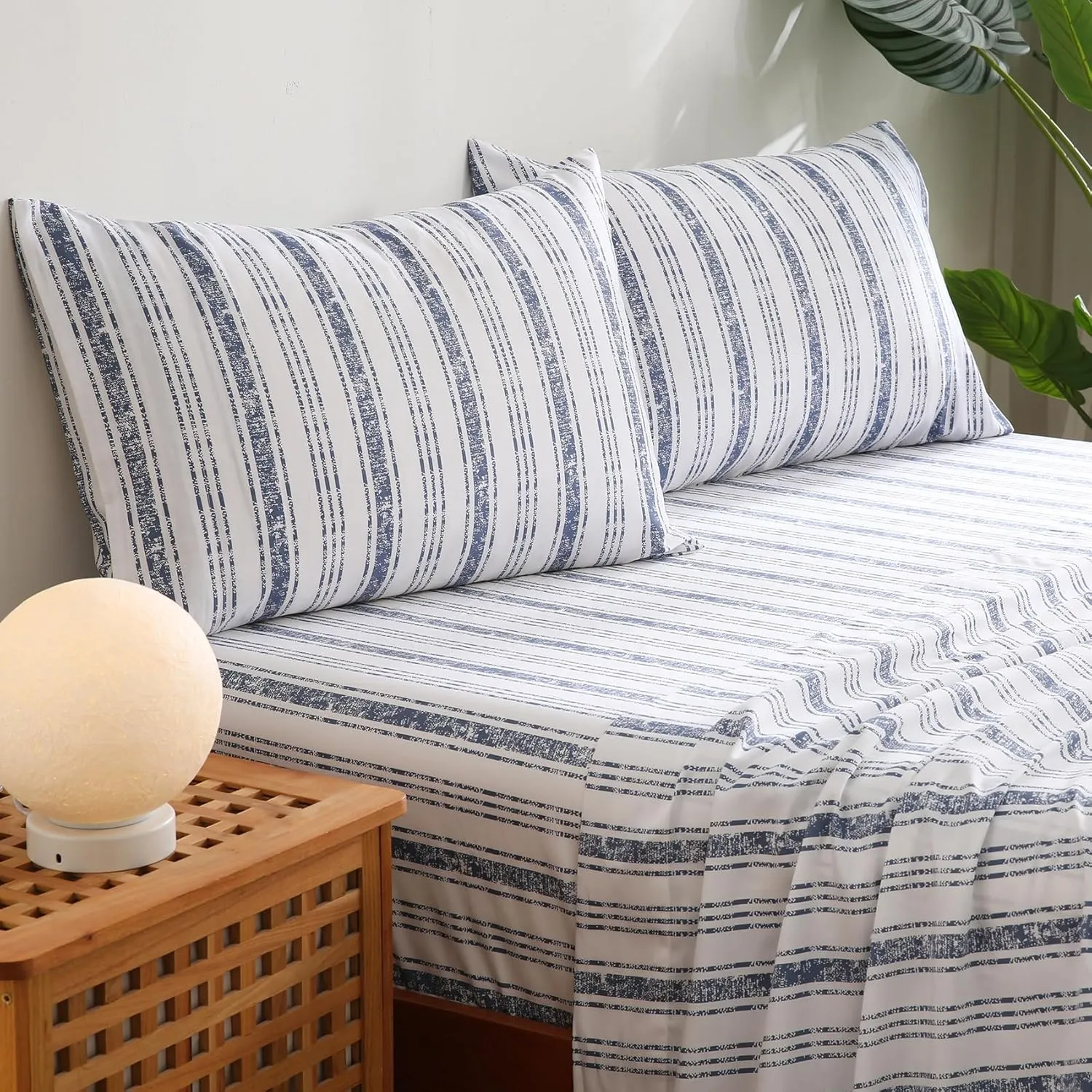 JSD Blue Striped Cotton Sheet Set Twin Size, 300 TC Printed Sateen Bed Sheets Deep Pocket, Soft Breathable Wrinkle Free