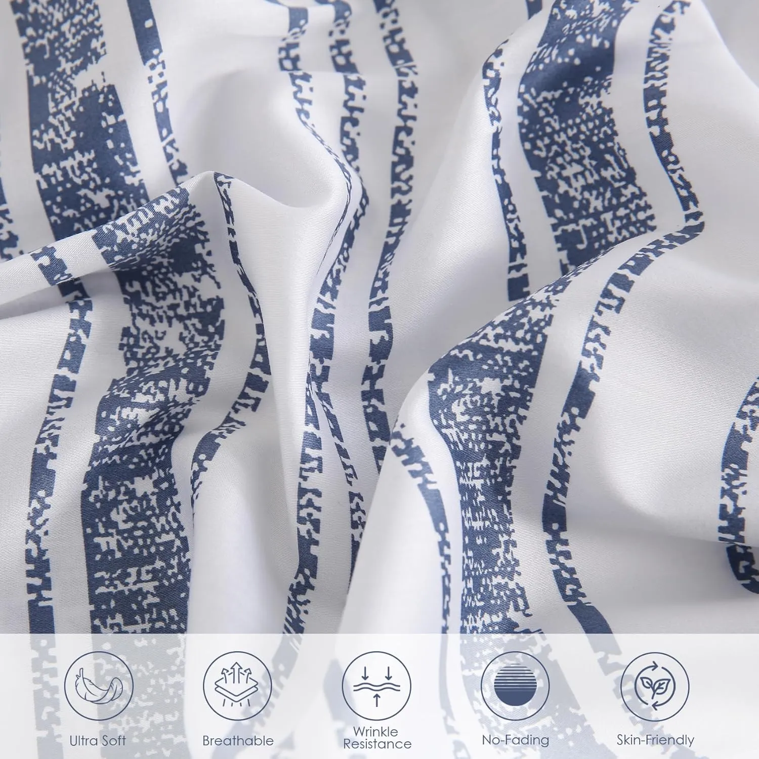 JSD Blue Striped Cotton Sheet Set Twin Size, 300 TC Printed Sateen Bed Sheets Deep Pocket, Soft Breathable Wrinkle Free