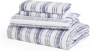 JSD Blue Striped Cotton Sheet Set Twin Size, 300 TC Printed Sateen Bed Sheets Deep Pocket, Soft Breathable Wrinkle Free