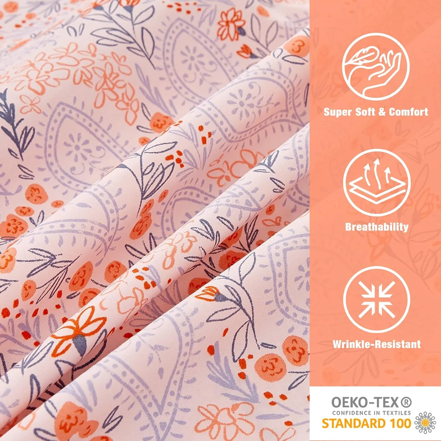 JSD Pink Paisley Floral Sheet Set King Size, 4 Piece Soft Printed Microfiber Sheets Extra Deep Pocket