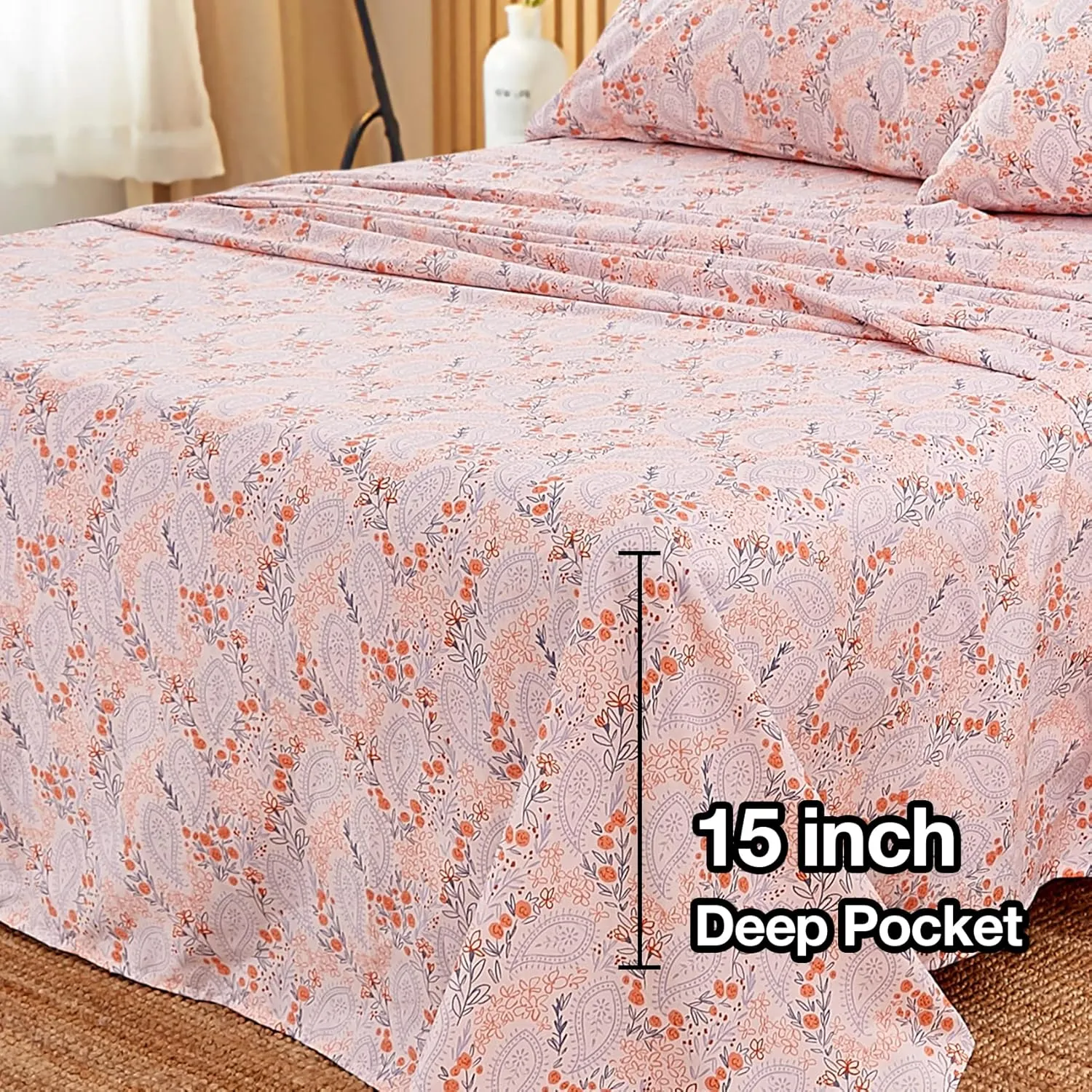 JSD Pink Paisley Floral Sheet Set King Size, 4 Piece Soft Printed Microfiber Sheets Extra Deep Pocket