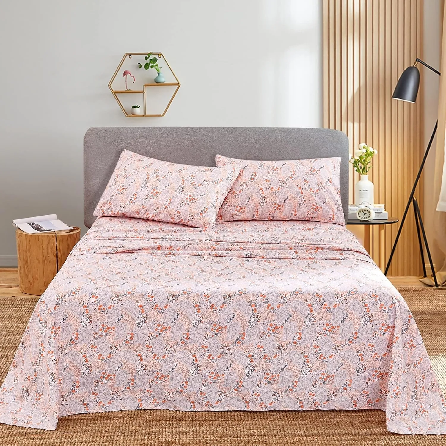 JSD Pink Paisley Floral Sheet Set King Size, 4 Piece Soft Printed Microfiber Sheets Extra Deep Pocket