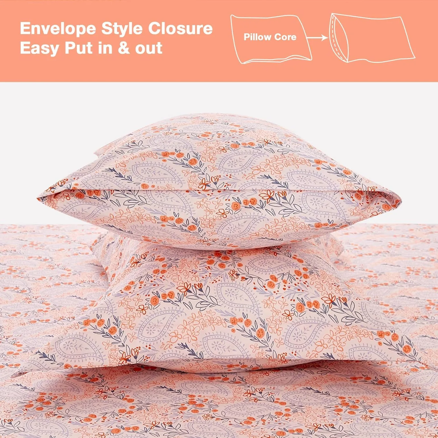 JSD Pink Paisley Floral Sheet Set King Size, 4 Piece Soft Printed Microfiber Sheets Extra Deep Pocket