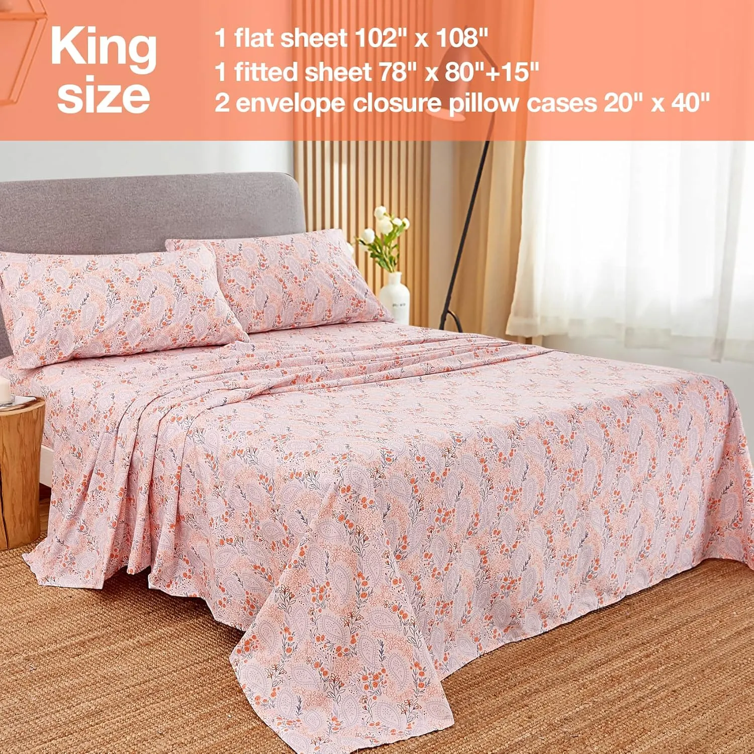 JSD Pink Paisley Floral Sheet Set King Size, 4 Piece Soft Printed Microfiber Sheets Extra Deep Pocket