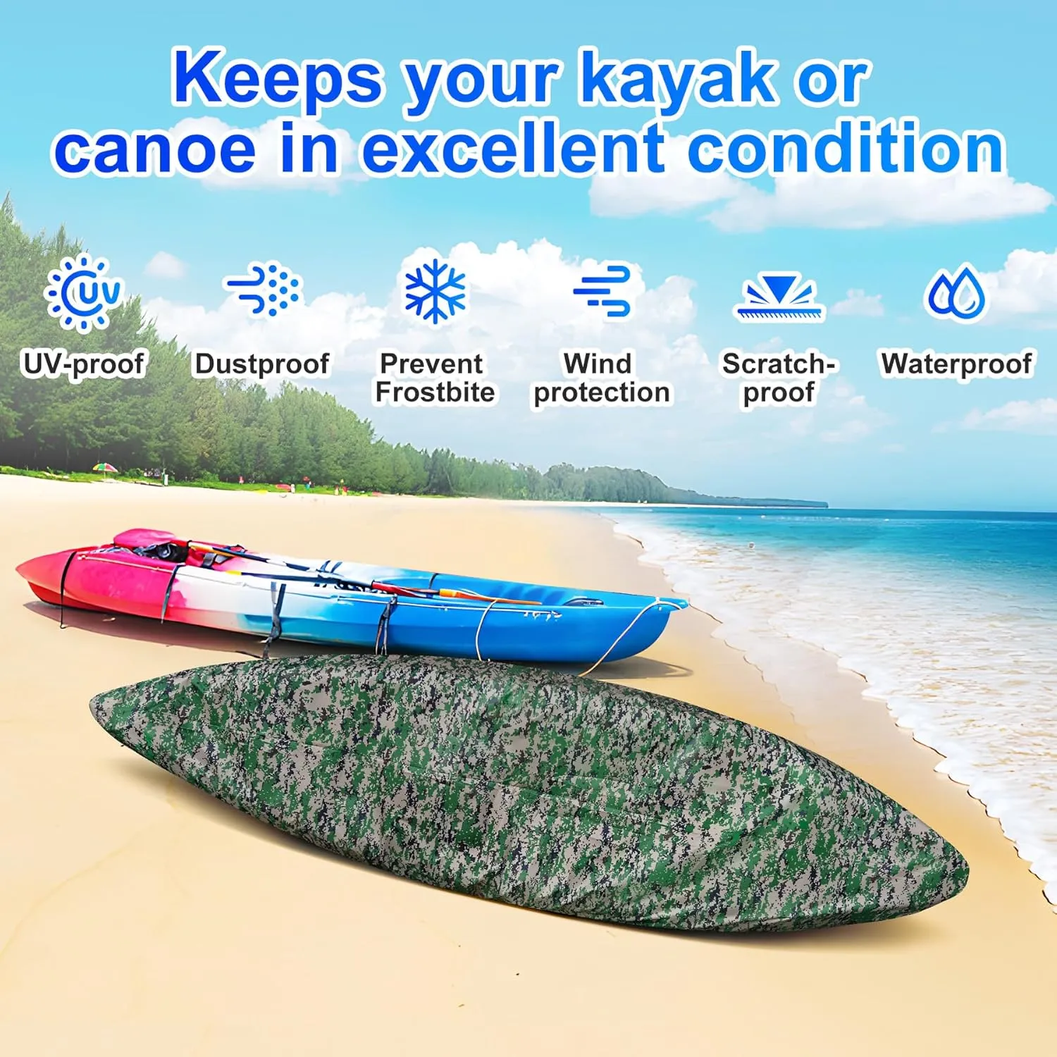 Kayak Cover, 420D Waterproof Kayak Covers for Outdoor Storage, Ultra Strong Canoe Storage Oxford UV Resistant Dust Cover Sunblock Fishing Boat Cover Shield Protector- Camouflage