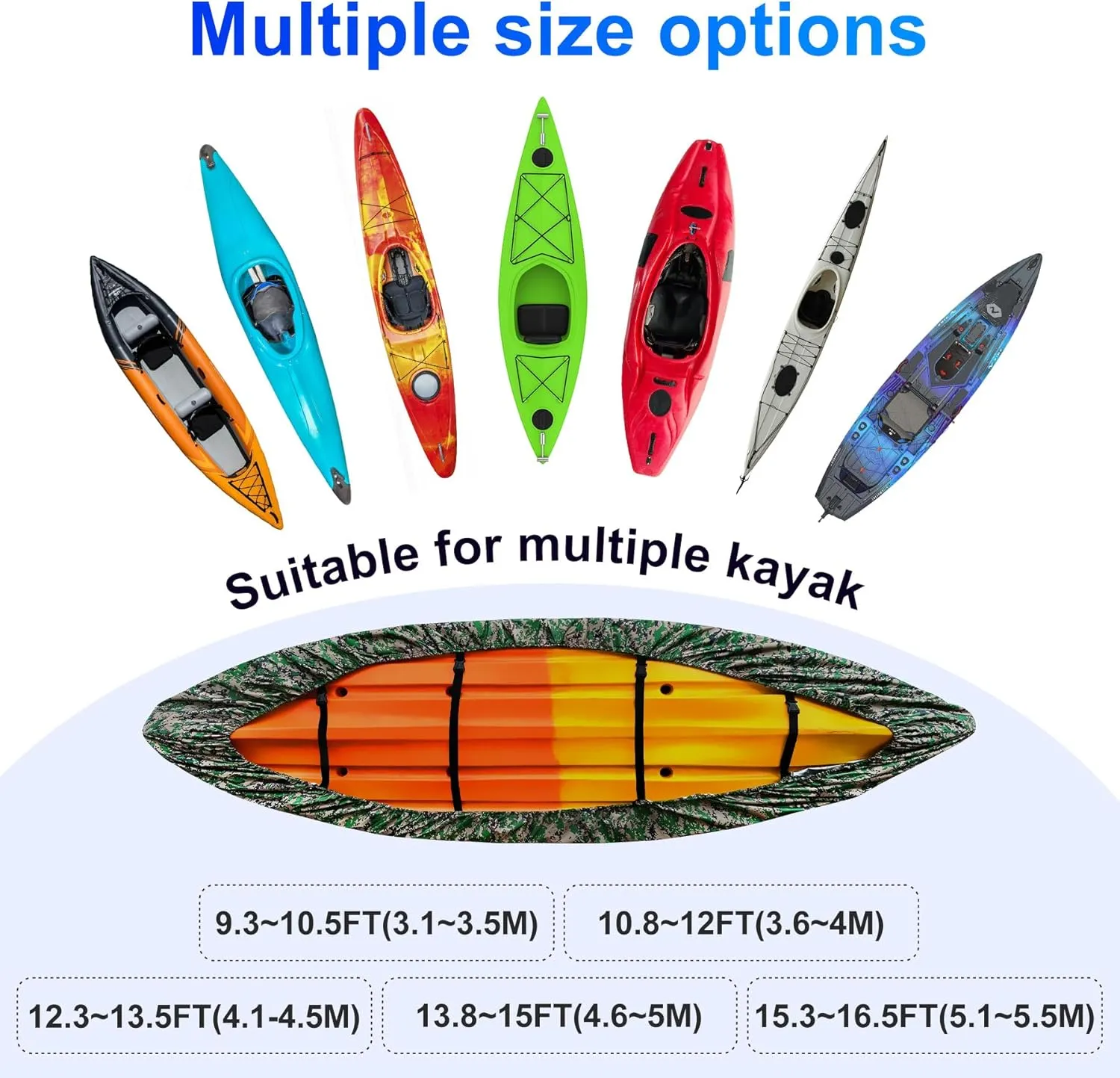 Kayak Cover, 420D Waterproof Kayak Covers for Outdoor Storage, Ultra Strong Canoe Storage Oxford UV Resistant Dust Cover Sunblock Fishing Boat Cover Shield Protector- Camouflage