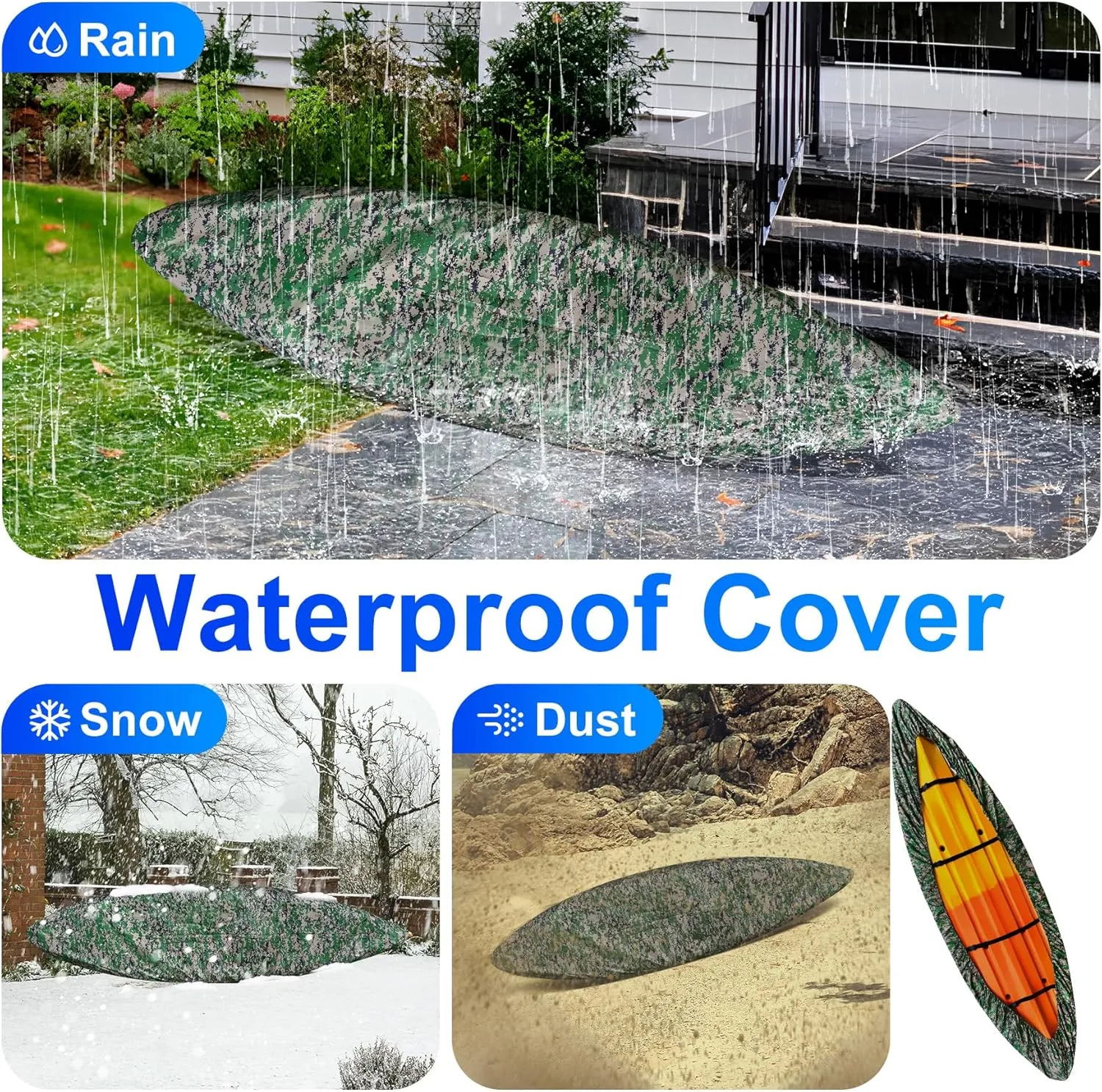 Kayak Cover, 420D Waterproof Kayak Covers for Outdoor Storage, Ultra Strong Canoe Storage Oxford UV Resistant Dust Cover Sunblock Fishing Boat Cover Shield Protector- Camouflage