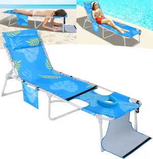 KingSom 3 in 1 Sun Tanning Chair with Face Hole, Folding Chaise Lounge Chair, 6-Position Recliner Lay Flat Beach Chairs, Removable Pillow & Pocket, Breathable Lounger Chairs for Outside,Patio, 350 LBS