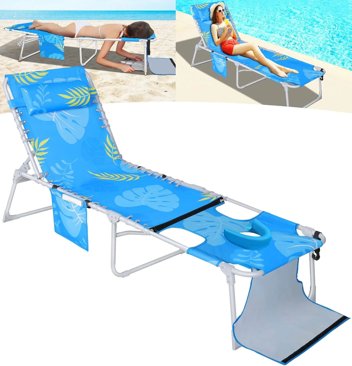 KingSom 3 in 1 Sun Tanning Chair with Face Hole, Folding Chaise Lounge Chair, 6-Position Recliner Lay Flat Beach Chairs, Removable Pillow & Pocket, Breathable Lounger Chairs for Outside,Patio, 350 LBS