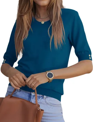 Kistore Womens Short Sleeve Sweaters Crewneck Sweater Shirts Business Casual Tops Outfits with Decor Buttons