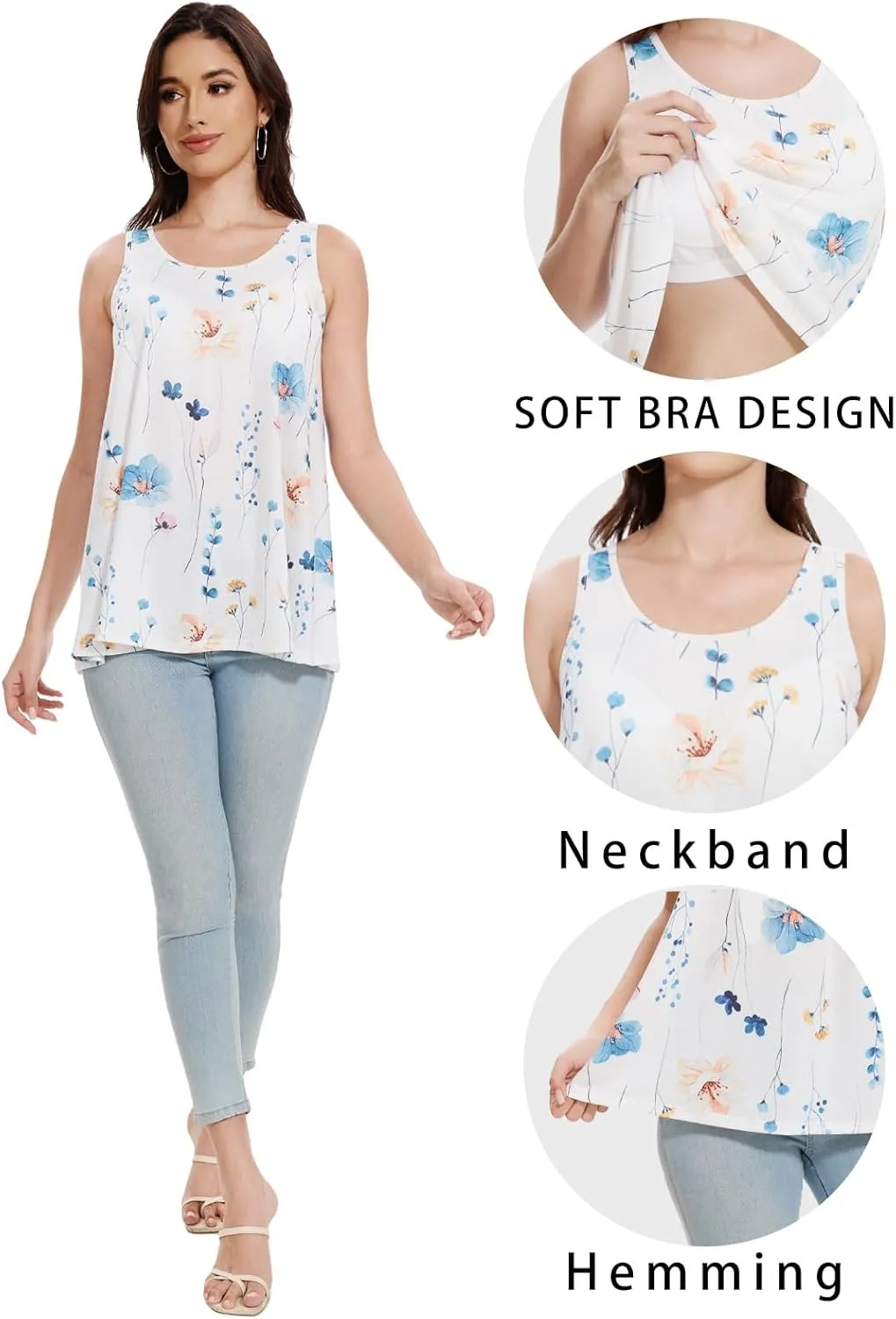 Kniffi Tank Tops for Women Built in Bra Tank Pleated Loose Fit Tank Top Casual Flowy S-XXXXL
