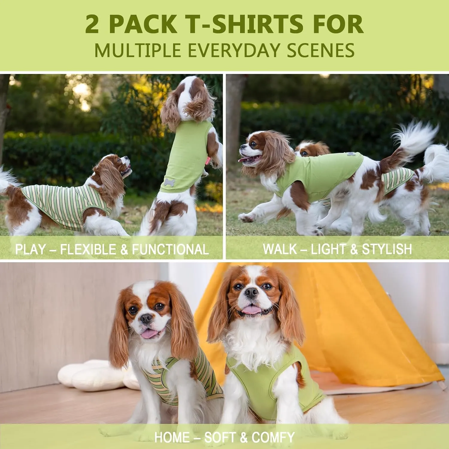 KYEESE 2Pack Dog Shirts Small Tee Soft for Small Dogs Striped T Shirt Lightweight Sleeveless Vest Cotton Tank Top Clothes, Large,Green Striped