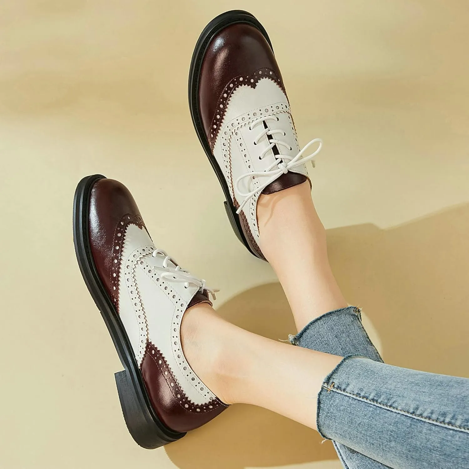 KysBloes Womens Lace Up Oxford Shoes Brogues Wingtip Vintage Pumps Low Chunky Heel Pumps Retro Classic Dress Shoes