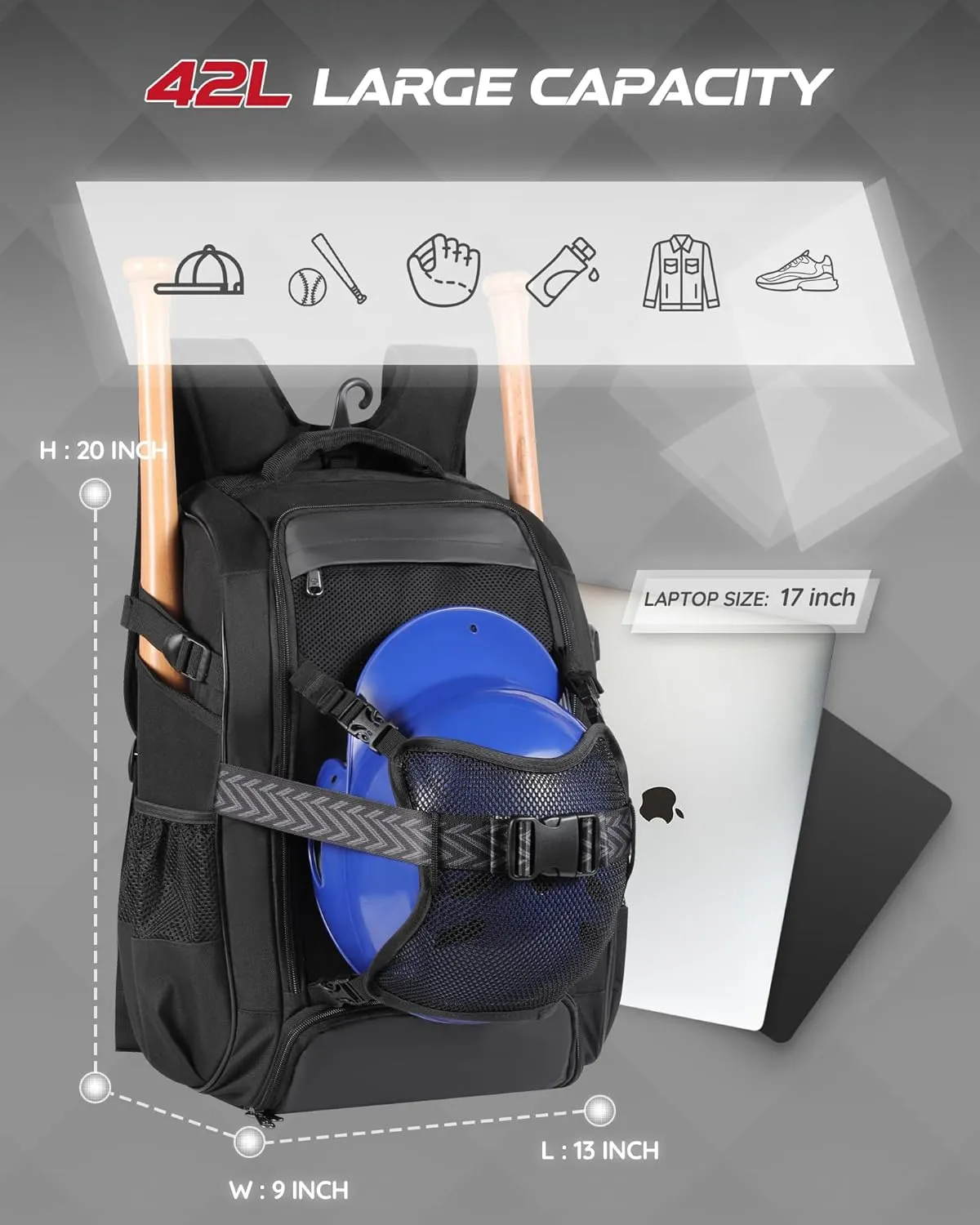Large Baseball Backpack for Adult Youth 42L Softball Bat Bag with Detachable Adjustable Helmet Mesh Pocket Fit Basketball Soccer Volleyball Baseball Equipment Bag for Men Women 12  Boys Girls
