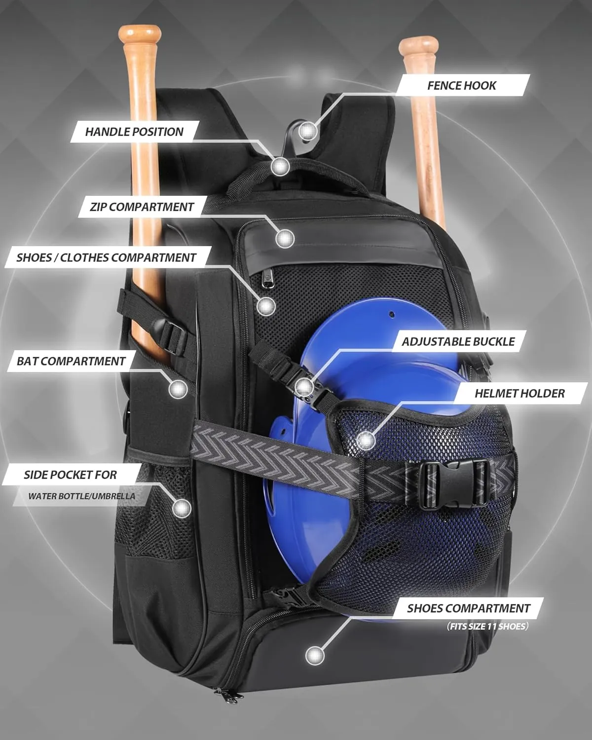Large Baseball Backpack for Adult Youth 42L Softball Bat Bag with Detachable Adjustable Helmet Mesh Pocket Fit Basketball Soccer Volleyball Baseball Equipment Bag for Men Women 12  Boys Girls