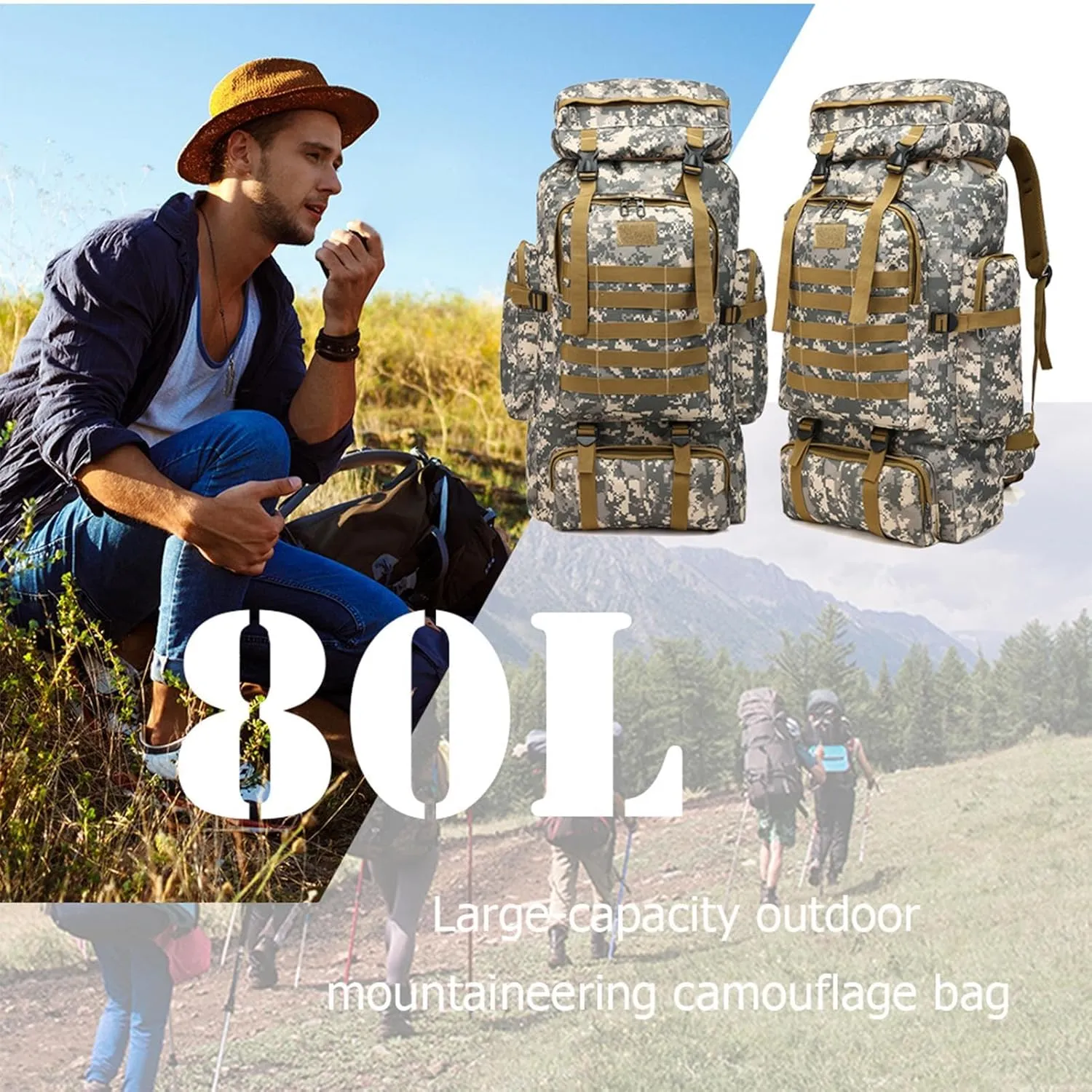 Large Trekking Backpack Men - Outdoor Camping Backpack Men, Waterproof Assault Pack Backpack | Large Hiking Backpack Men, Outdoor Hunting Backpack Men for Outdoor Hiking, Camping, Trekking, Hunting