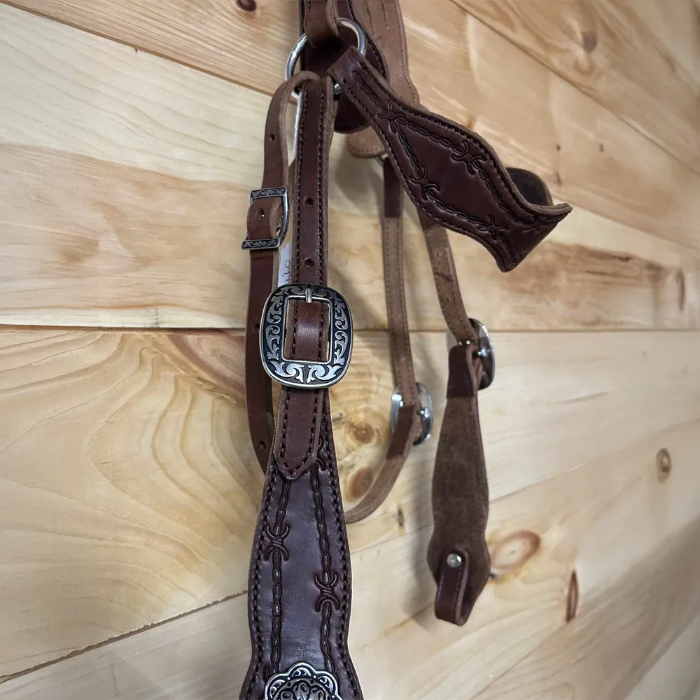 Leather Tooled Barbed Wire Mule Headstall - Brown
