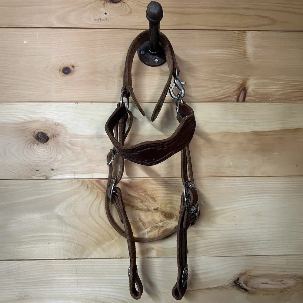Leather Tooled Barbed Wire Mule Headstall - Brown