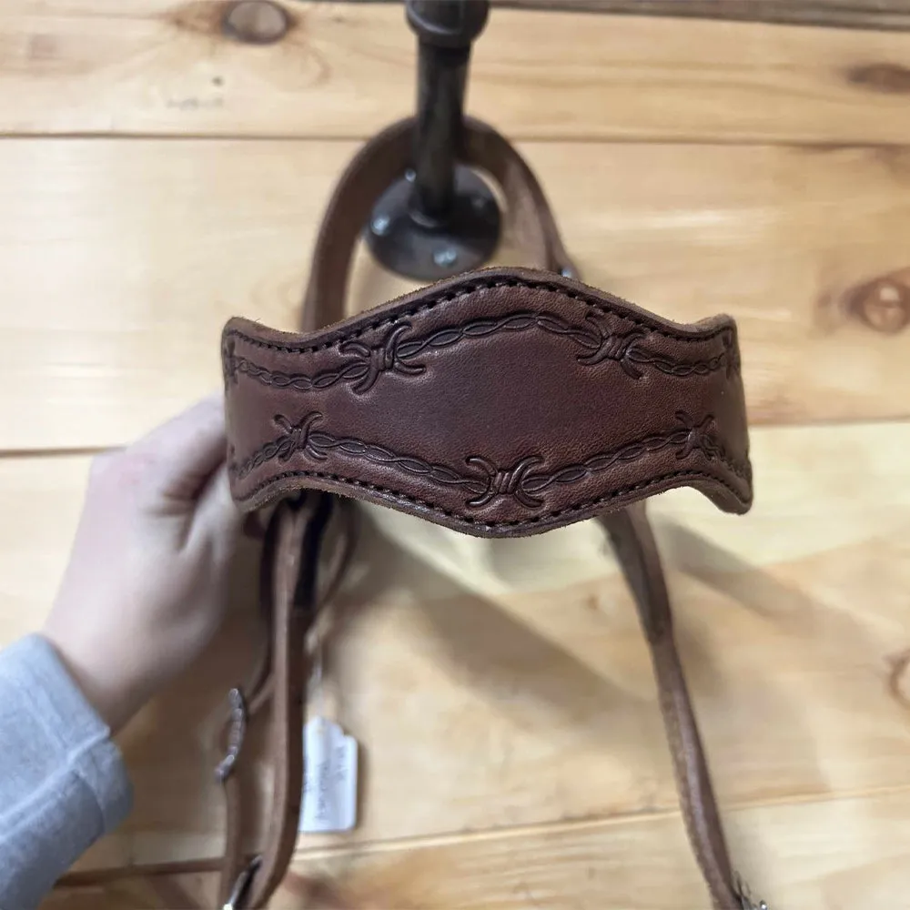 Leather Tooled Barbed Wire Mule Headstall - Brown