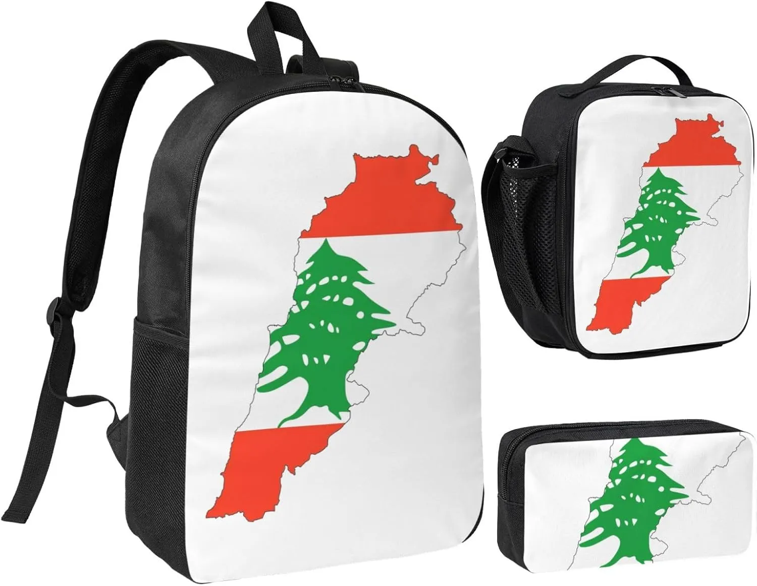 Lebanon Flag Map print 3PCS Backpack for Men Women Aesthetic 17 Inches Bookbag with Lunch Box Pencil Bag